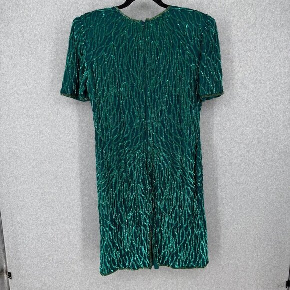 Laurence Kazar Womens VTG Silk Cocktail Party Dress Size M Green Sequin Beaded - Picture 3 of 16